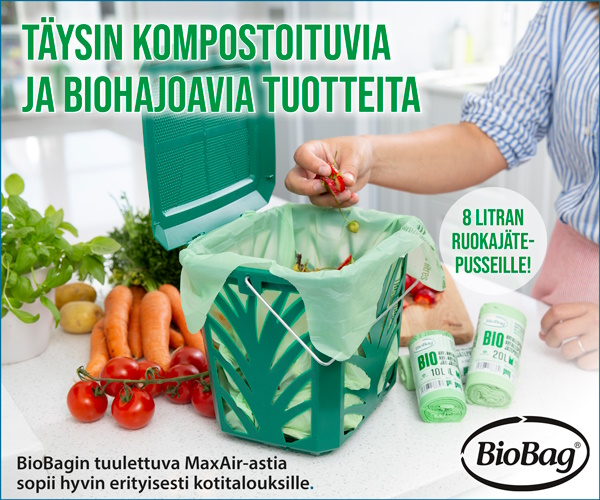 BioBag on kehittänyt tuulettuvan MaxAir-astian erityisesti kotitalouksille. Ruokajäteastia tuulettuu joka puolelta: jokaisella neljällä sivulla ja kannessa on ilmanvaihtoaukkoja ja ritiläpohja varmistaa lisätuuletuksen. Tähän astiaan sopivat hyvin kompostoitavat 8 litran ruokajätepussit.